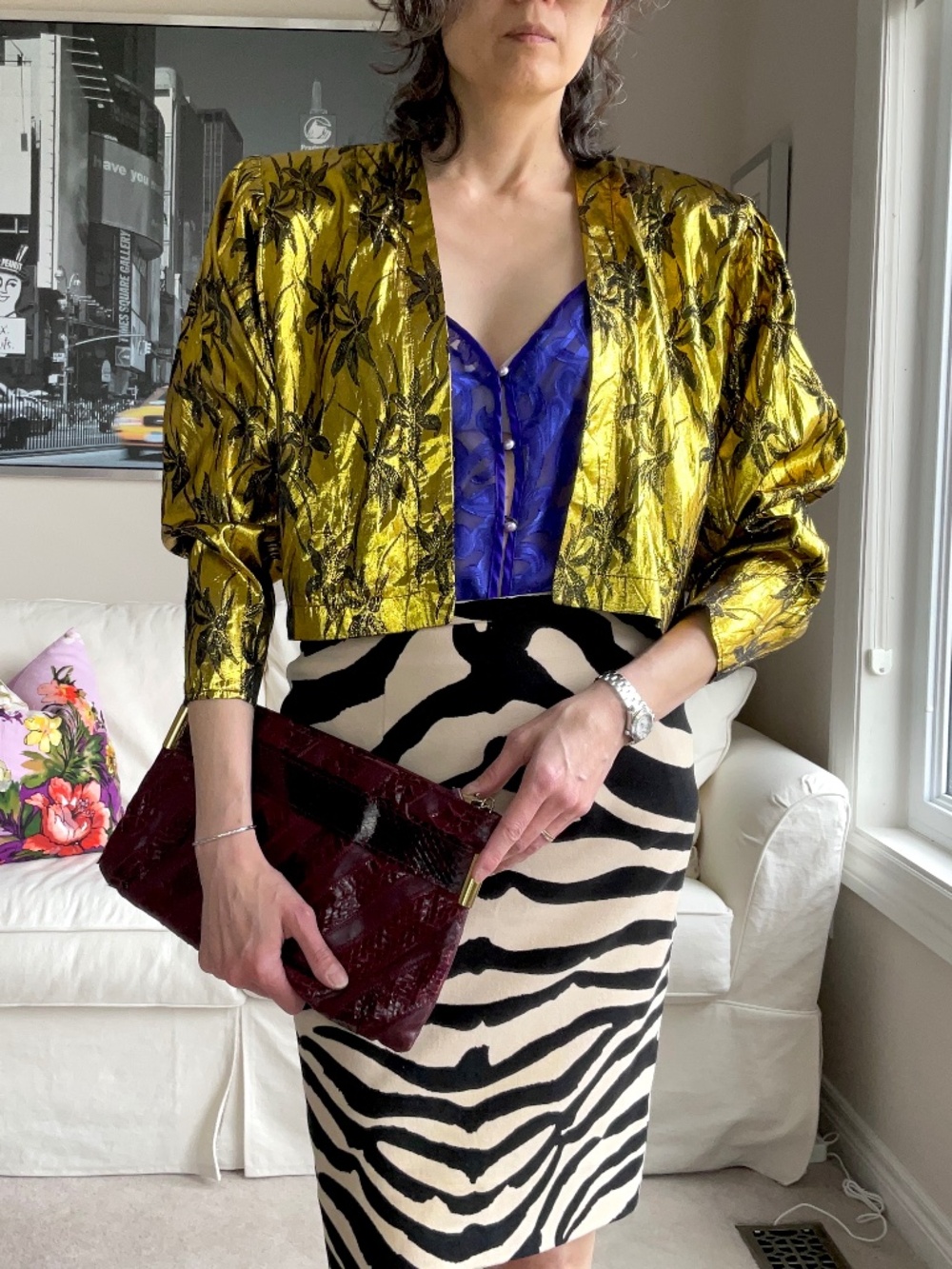 Vintage lame gold metallic thread floral cropped jacket